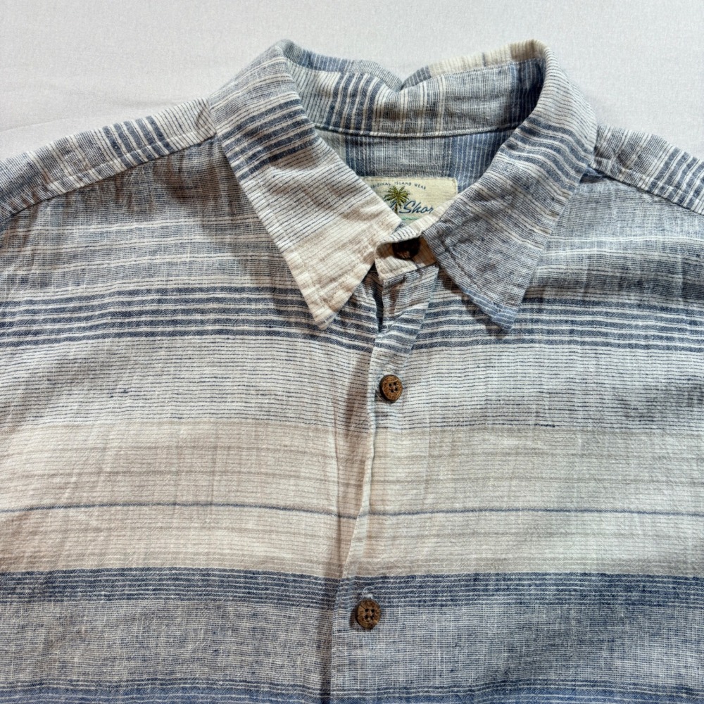 Island‎ Shores Linen Cotton Striped Button Down Shirt Mens Large Blue Coastal